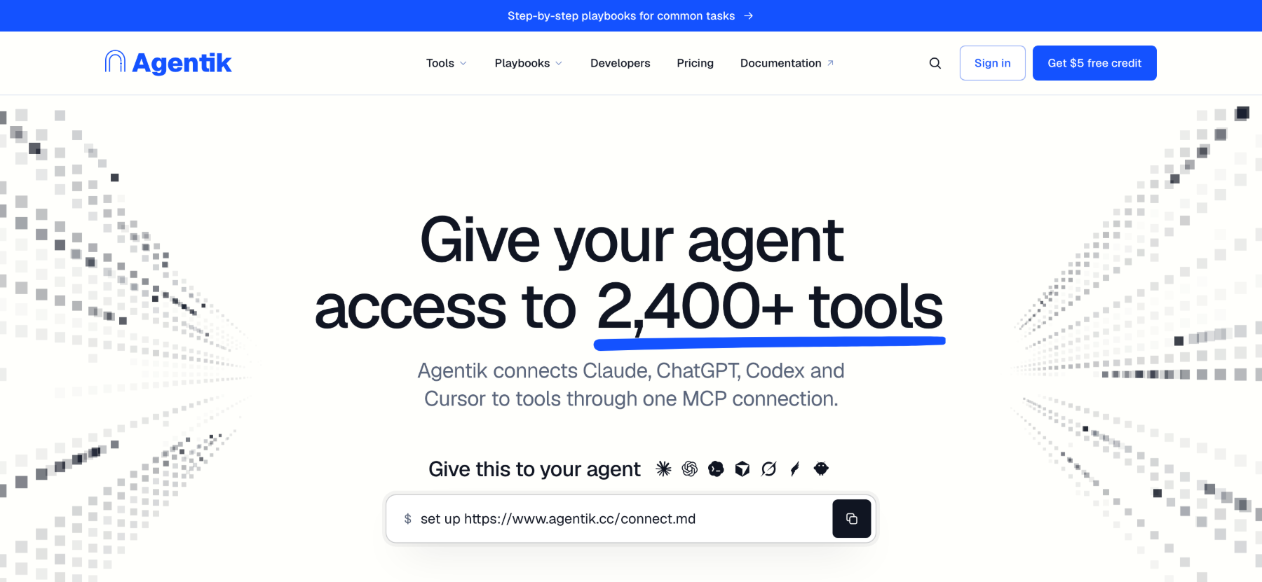 The Agentik homepage: access to 2,400+ tools through one MCP connection