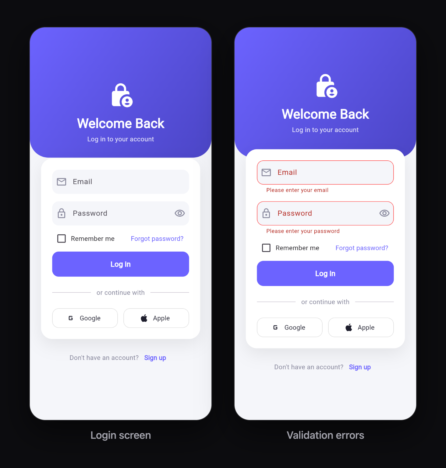 The finished Flutter login screen, and the same screen showing validation errors