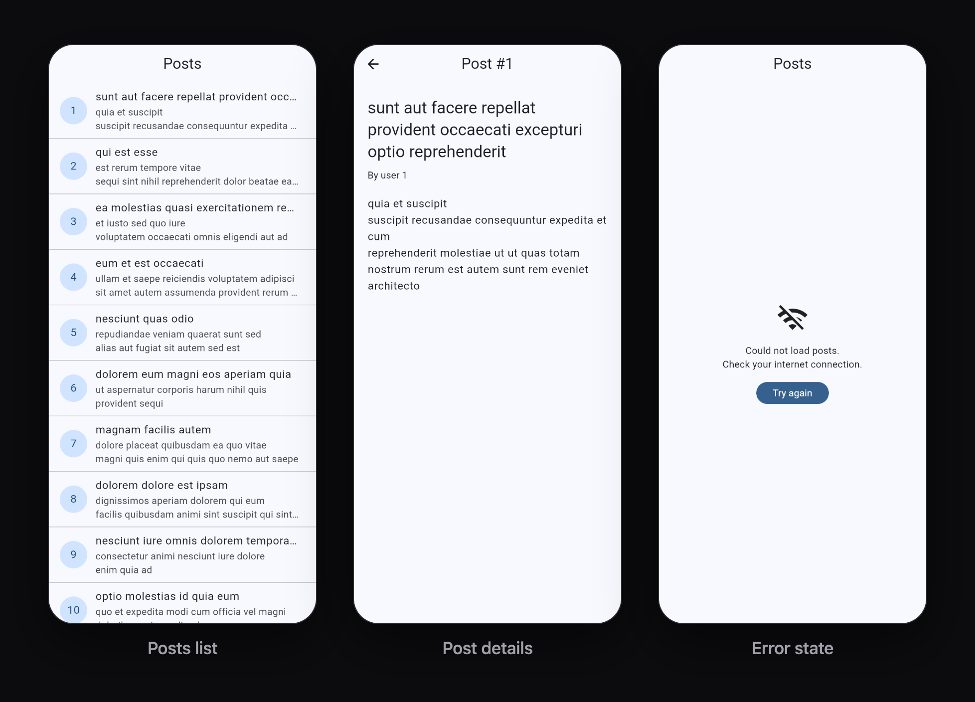 The posts list, the post details screen and the error state with a Try again button