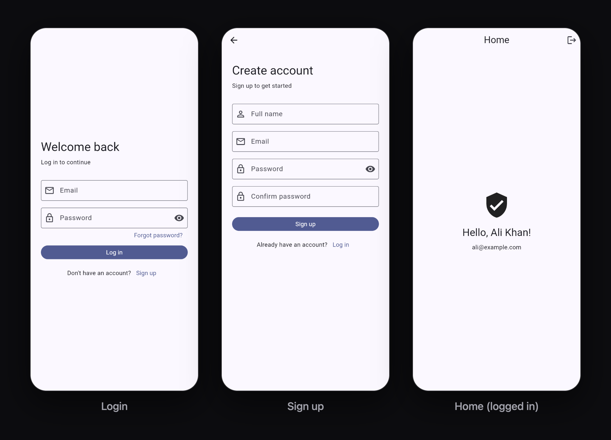 The finished Login, Sign up and Home screens