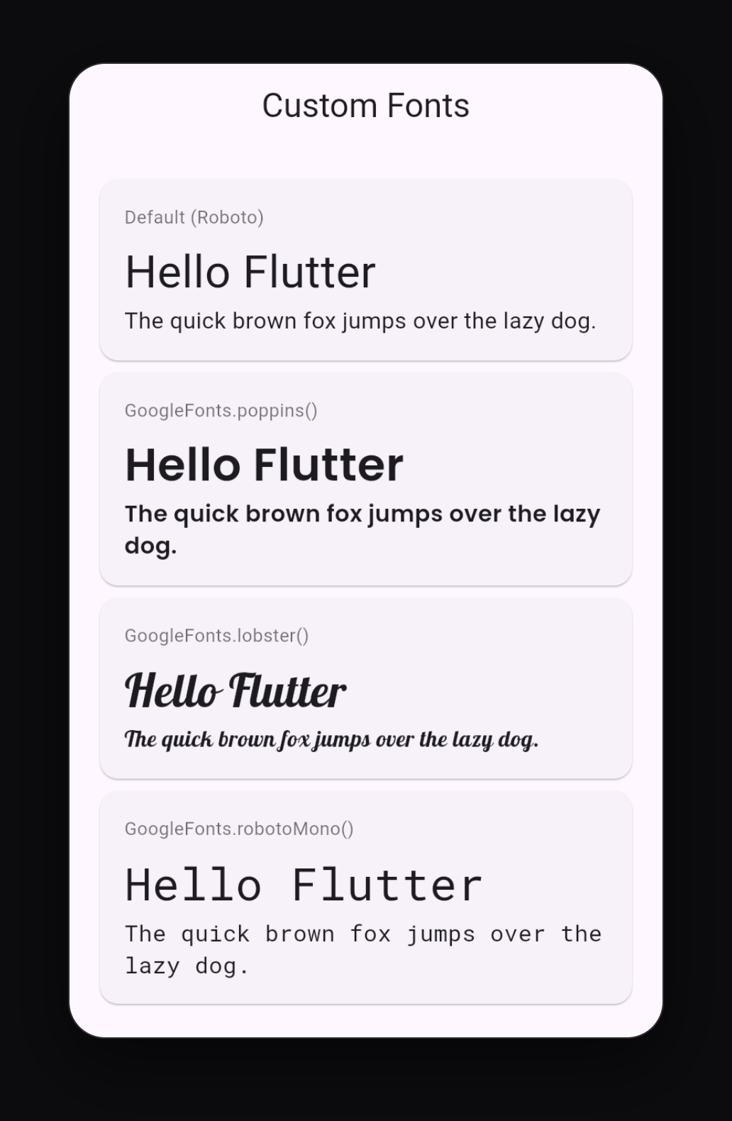 The same text shown in the default font and in Poppins, Lobster and Roboto Mono