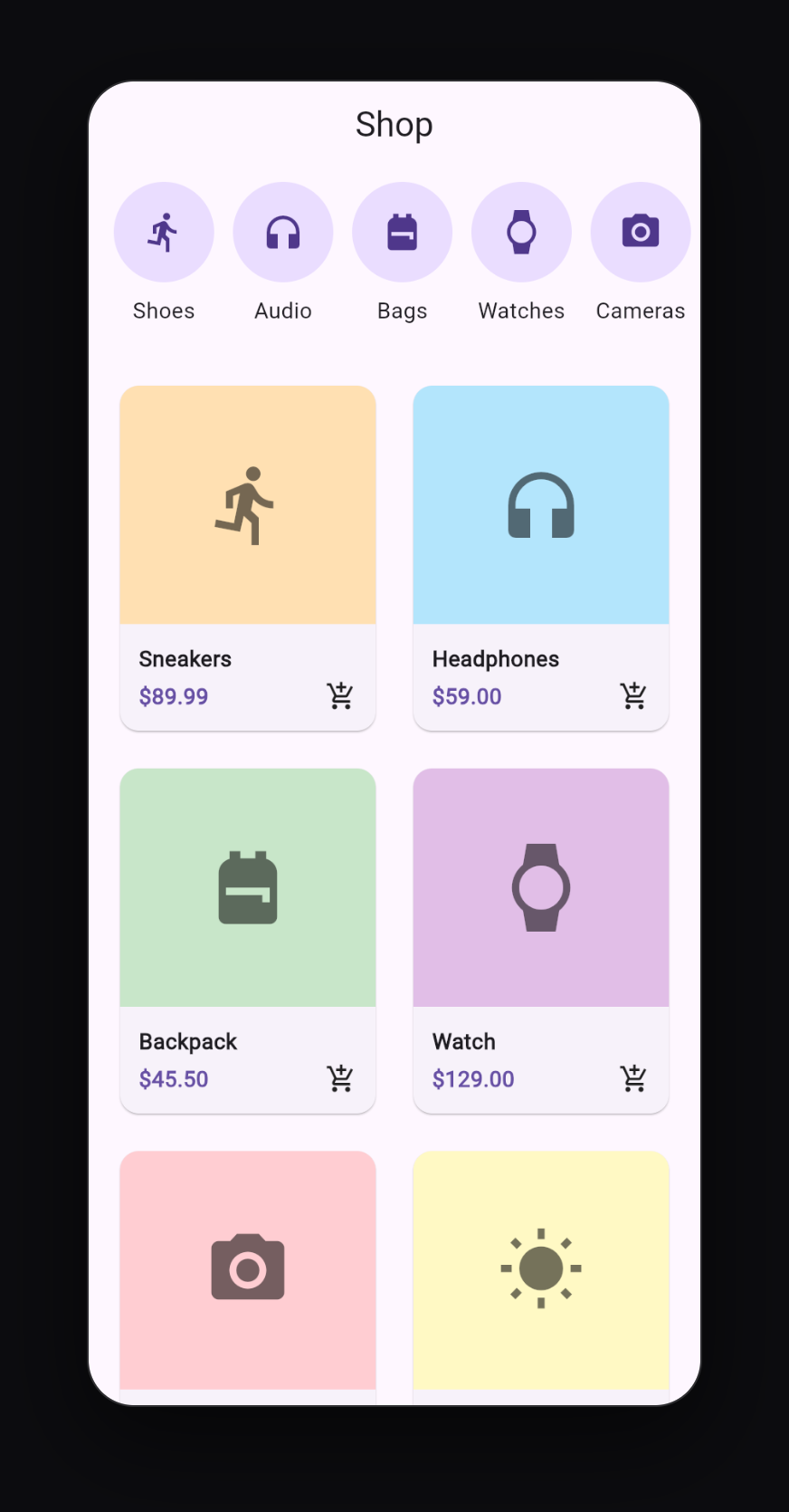 A responsive product grid with a horizontal category list built with GridView.builder