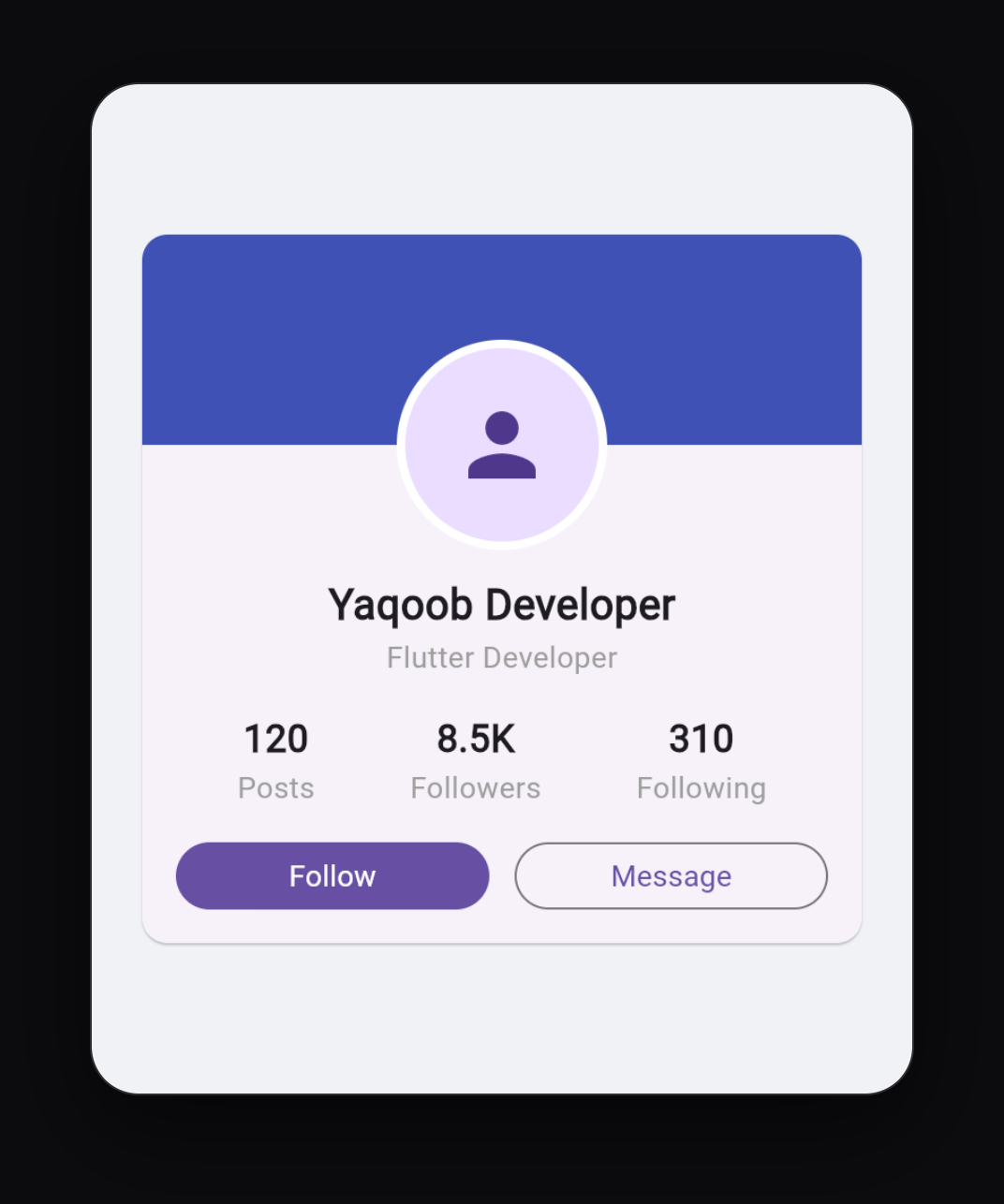 The finished profile card built with Stack, Column and Row