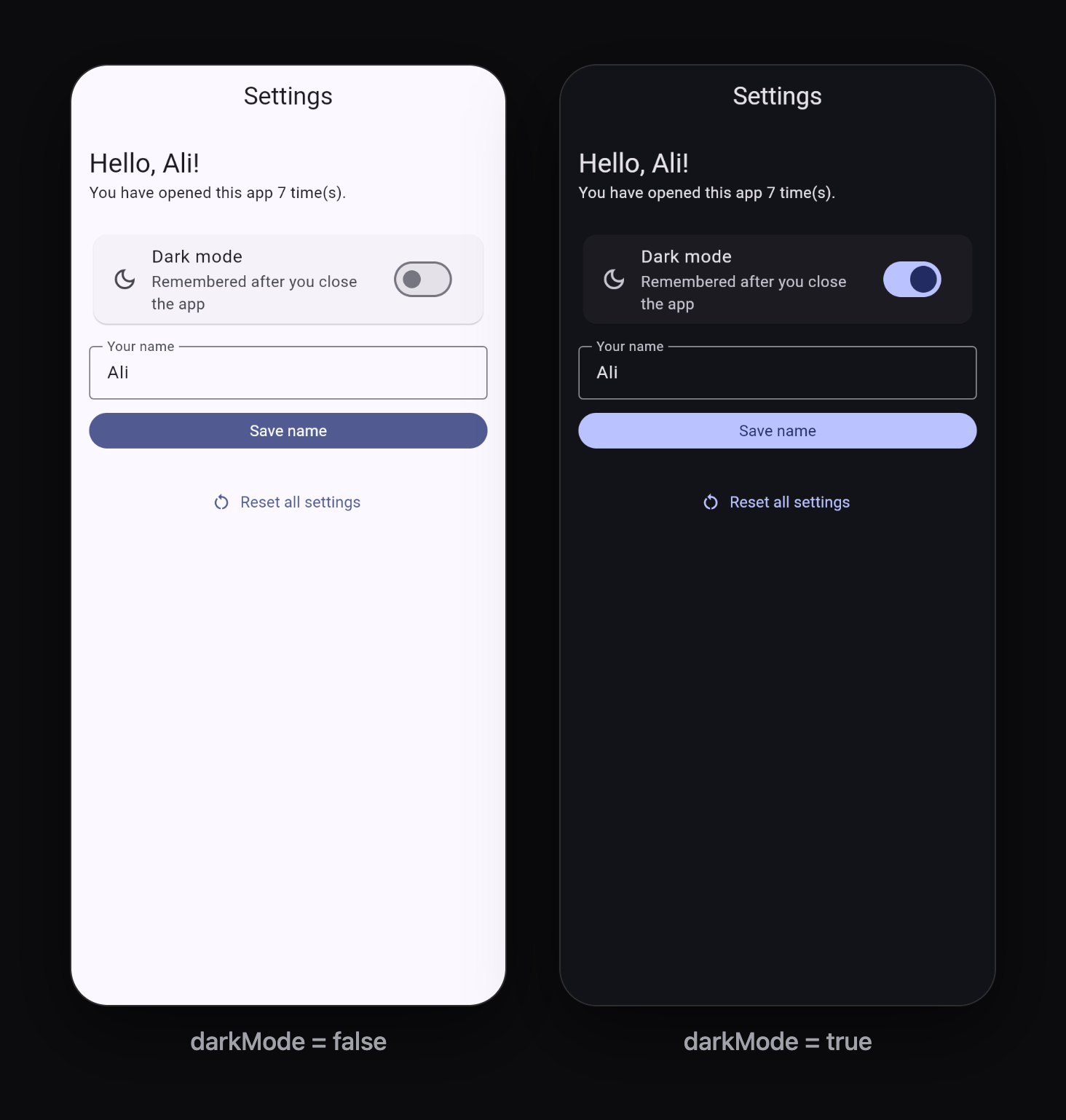 The settings screen in light mode and in dark mode, both remembered after restarting the app