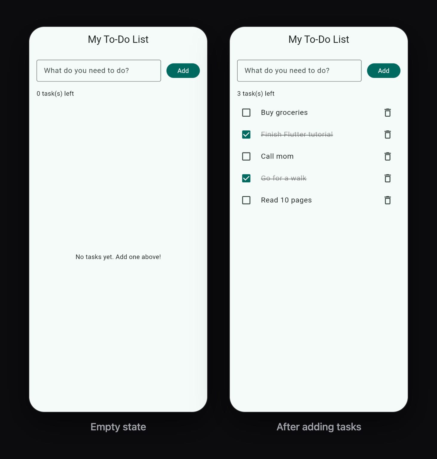 The To-Do app with an empty list, and after adding and completing tasks